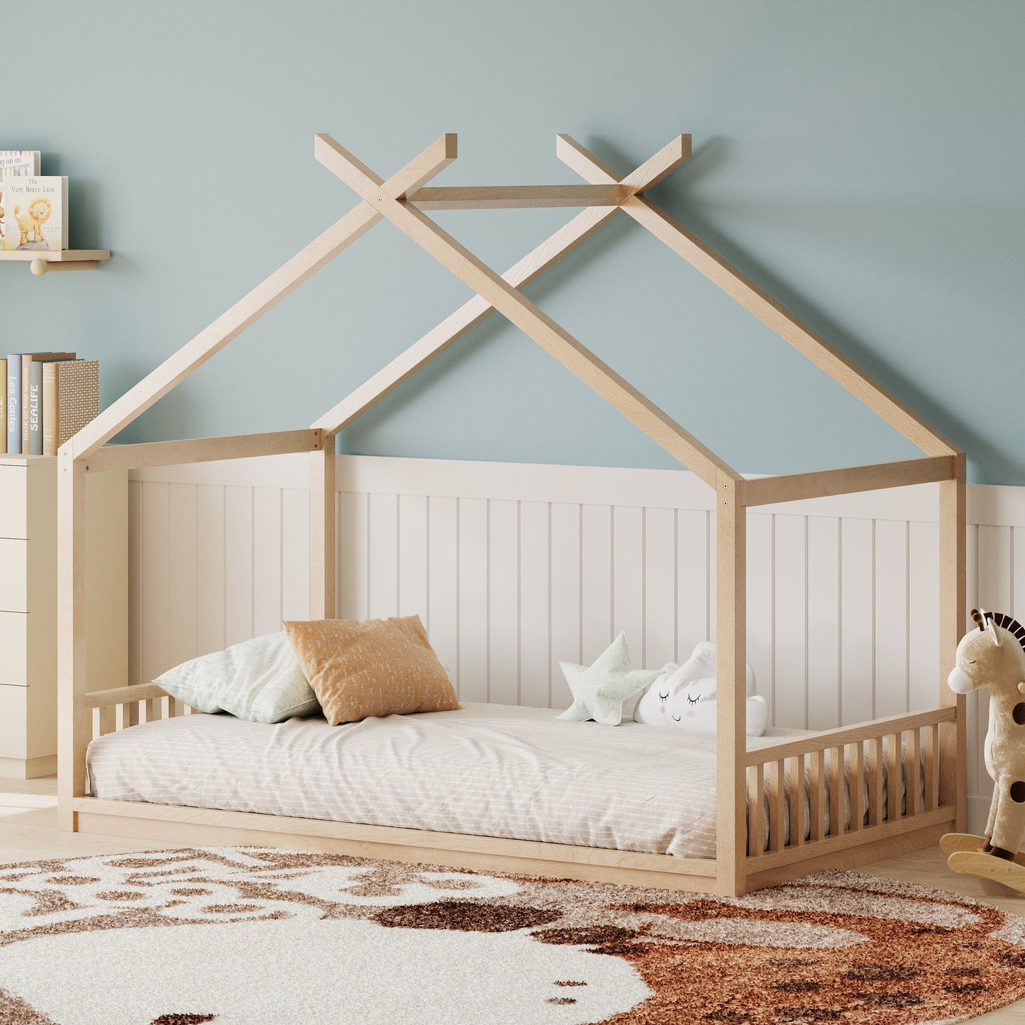 Full Size Montessori Style House Bed for Kids,Floor Bed Frame with Headboard and Footboard,Wooden Fence Bed for Girls,Boys,Easy Assembly, Slat Not Included, Natural