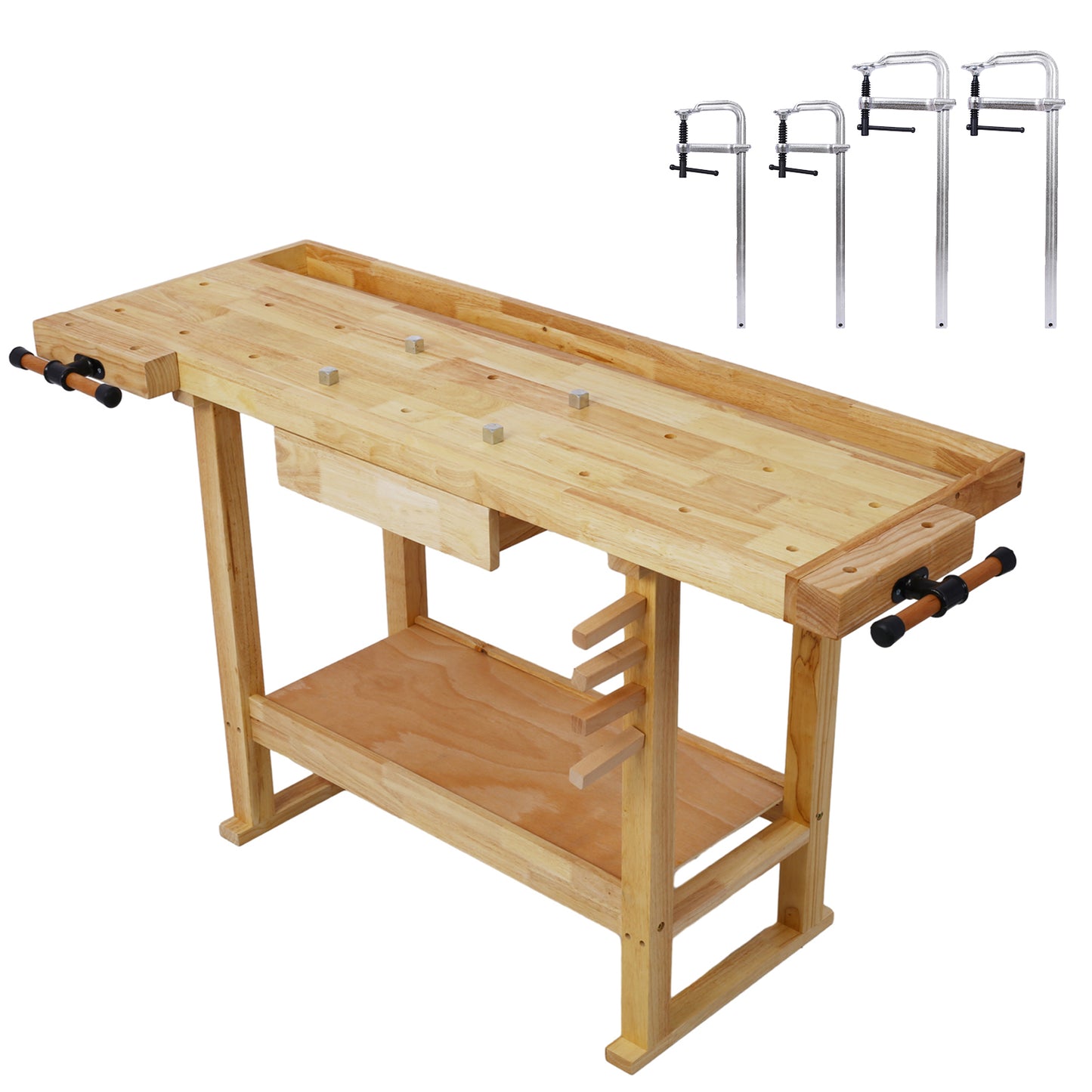 55-Inch Wood Workbench - Wooden Workbench for Garage Workshop and Home, with Bar Clamps Set 2 pcs 12 inch x 3inch+ 2pcs 16inchx4-3/4' ,4pcs pack
