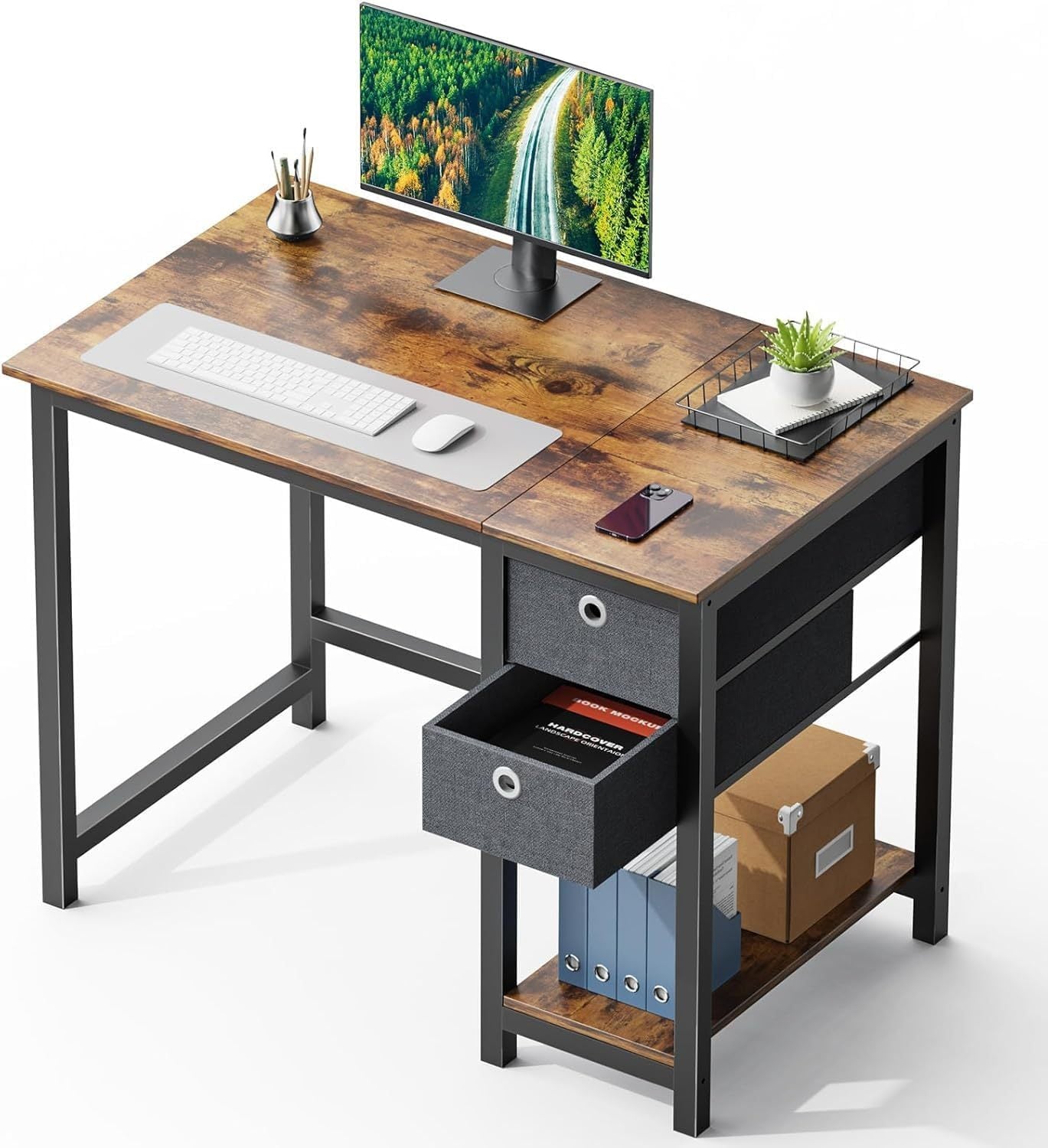Computer Desk with Drawers 40 Inch Office Writing Work Kids Study 2-Tier Wood Corner Table with Storage Drawers Shelf for Bedroom Home Office - Rustic Brown