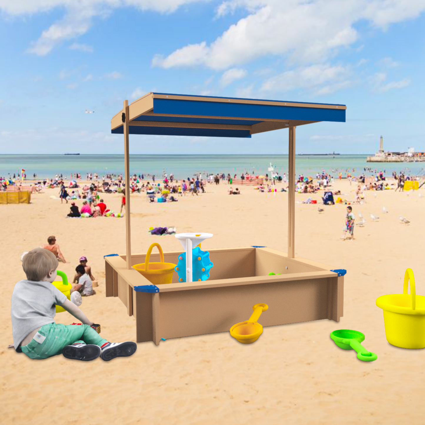 Children's Wooden Sandbox with Adjustable Canopy, Sandpit with Covers Kids Wood Playset Outdoor Backyard - Upgrade Retractable,45.3'L x 45.3'W x 46.5'H,Golden Red