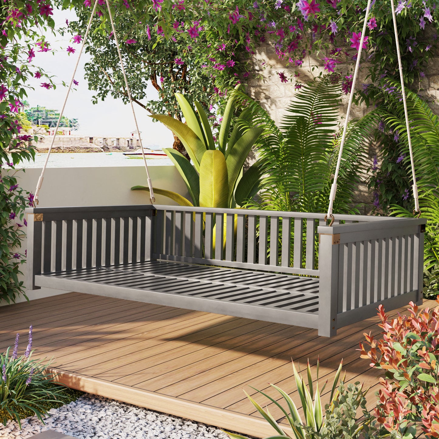 Patio Minimalist Twin Size Garden Swing Bed Wood Porch Swing with Ropes for Backyard, Safe Sloped Design, Gray