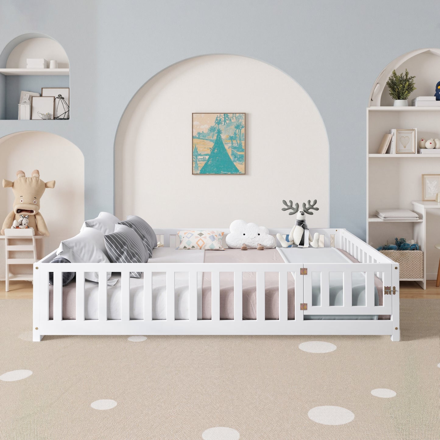 Full Size Floor Platform Bed with Fence and Door for Kids, Montessori Floor Bed Frame with Support Slats for Toddlers, Wooden Floor Bed White