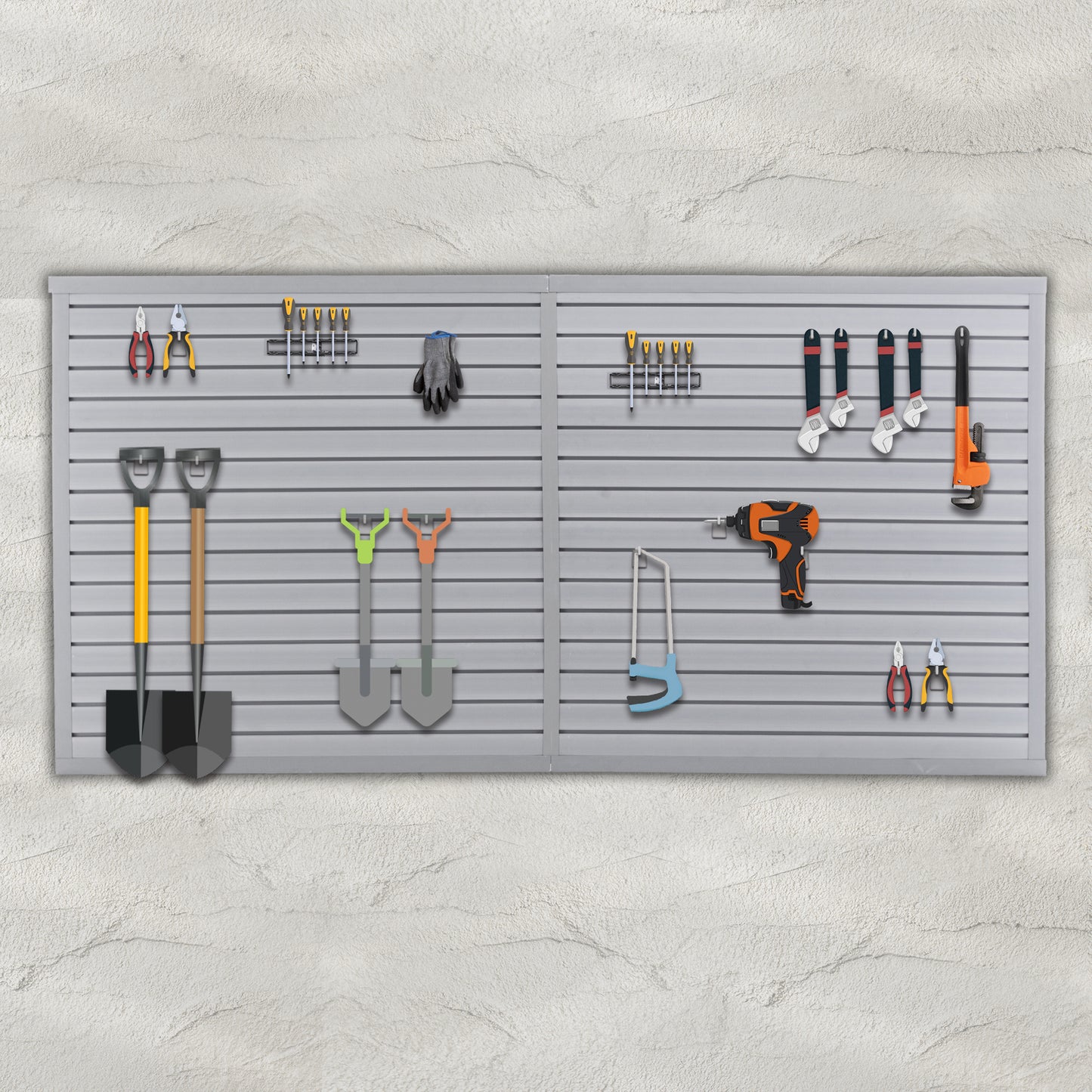 Heavy Duty PVC Slatwall Garage Organizer, 8ft x 4ft Section with 10 Panels, Industrial Strength Storage, Charcoal Dark Grey Color, Wall Mounted Tool Rack System