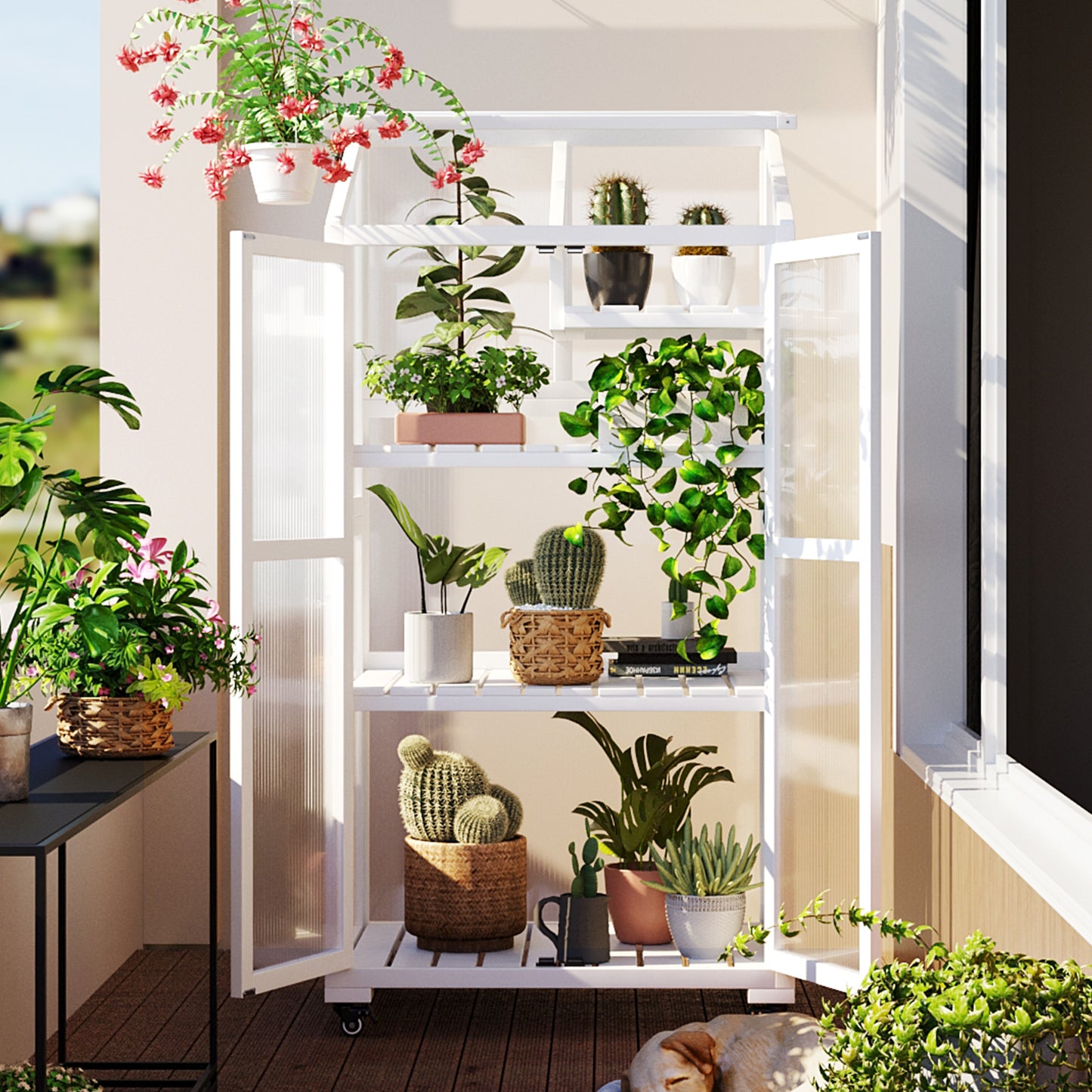 62inch Height Wood Large Greenhouse Balcony Portable Cold Frame with Wheels and Adjustable Shelves for Outdoor Indoor Use, White