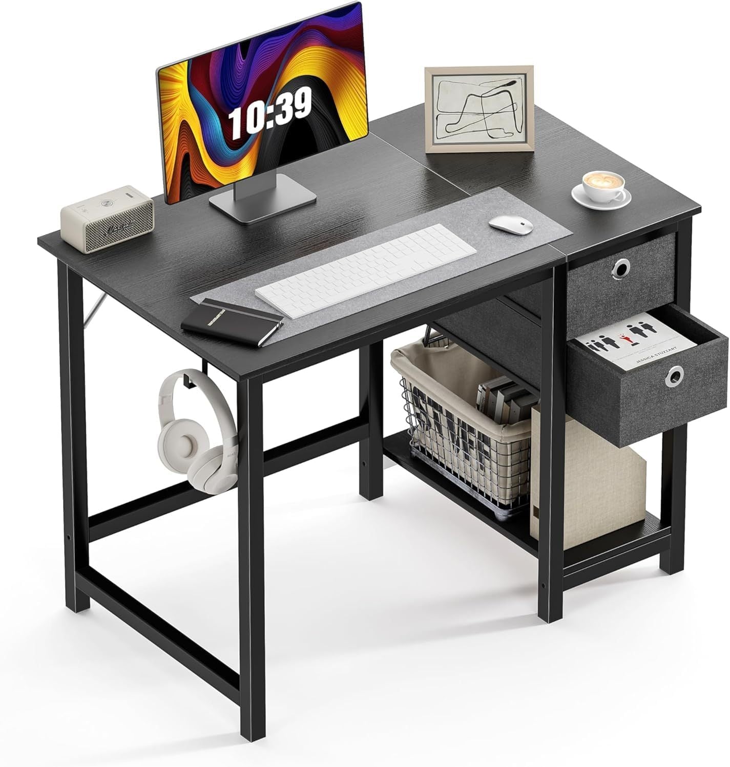 Computer Desk with Drawers 40 Inch Office Writing Work Kids Study 2-Tier Wood Corner Table with Storage Drawers Shelf for Bedroom Home Office - Black Wood