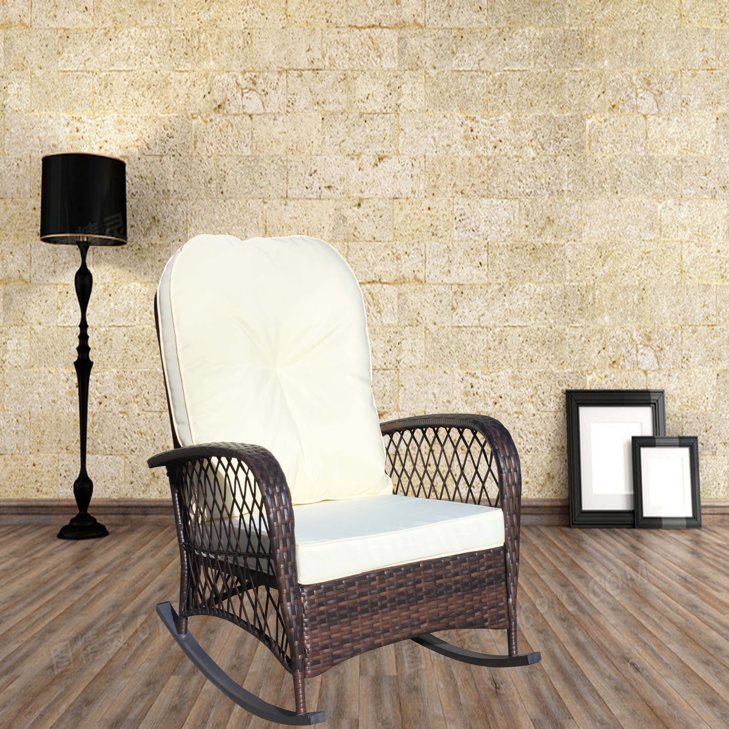 Outdoor Wicker Rocking Chair with Wide Seat, Thick, Soft Cushion, Rattan Rocker w/Steel Frame, High Weight Capacity for Patio, Garden, Backyard, Beige Cushion