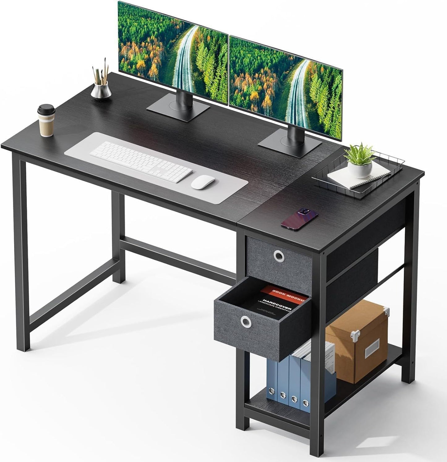 Computer Desk with Drawers 47 Inch Office Writing Work Kids Study 2-Tier Wood Corner Table with Storage Drawers Shelf for Bedroom Home Office - Black
