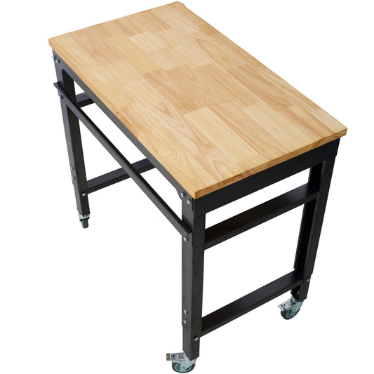 Workbench - 35' Wide Rolling Workbenches for Garage - Adjustable Height, Workshop Tool Bench, Metal with rubber Wood Top ,Black Hammertone leg