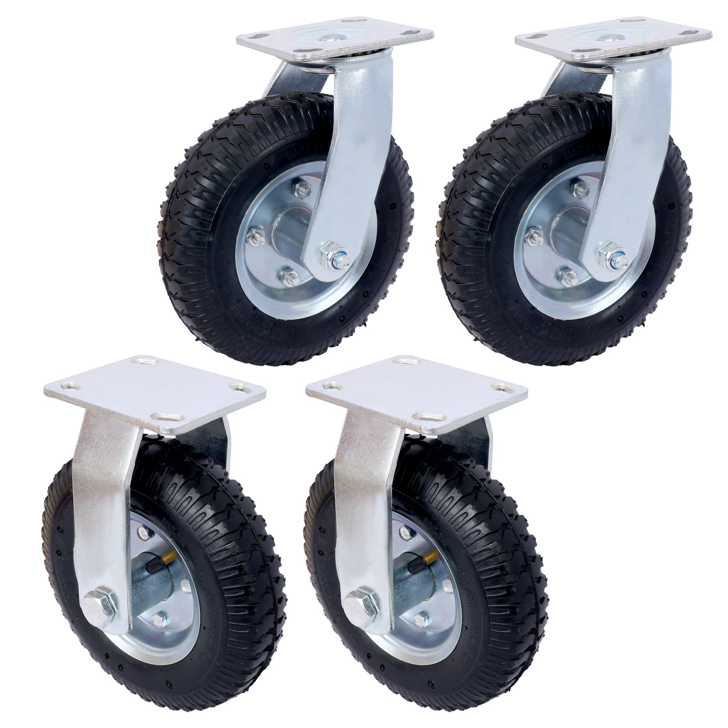 4PCS 8IN CASTER pneumatic tire(2PCS SWIVEL+2PCS RIGID), Caster Wheel, Swivel Plate, Steel Hub with Ball Bearings, 5/8-Inch Bore Centered Axle -black