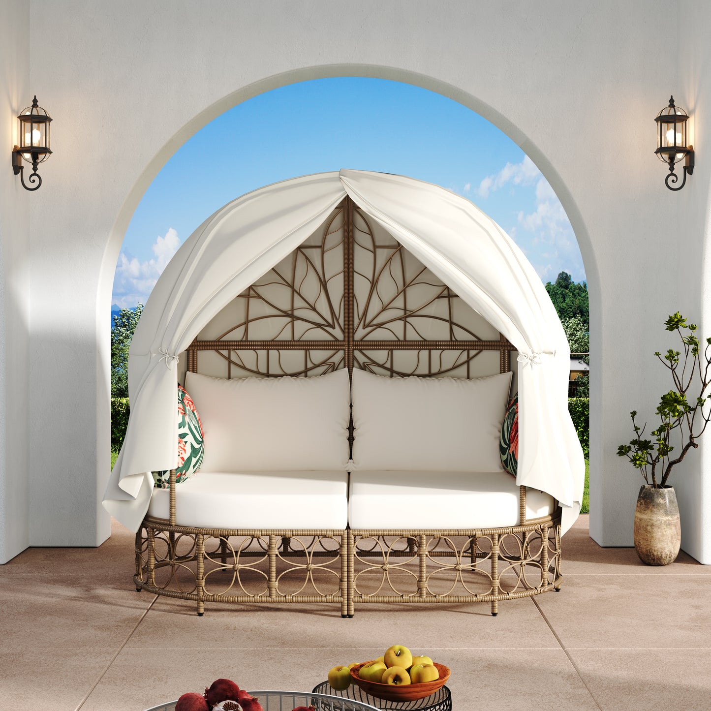 59.8' Daybed Outdoor Sunbed With Colorful Pillows, Wicker Patio Daybed With Curtain, Floral Pattern, Natural Wicker, Beige Cushion