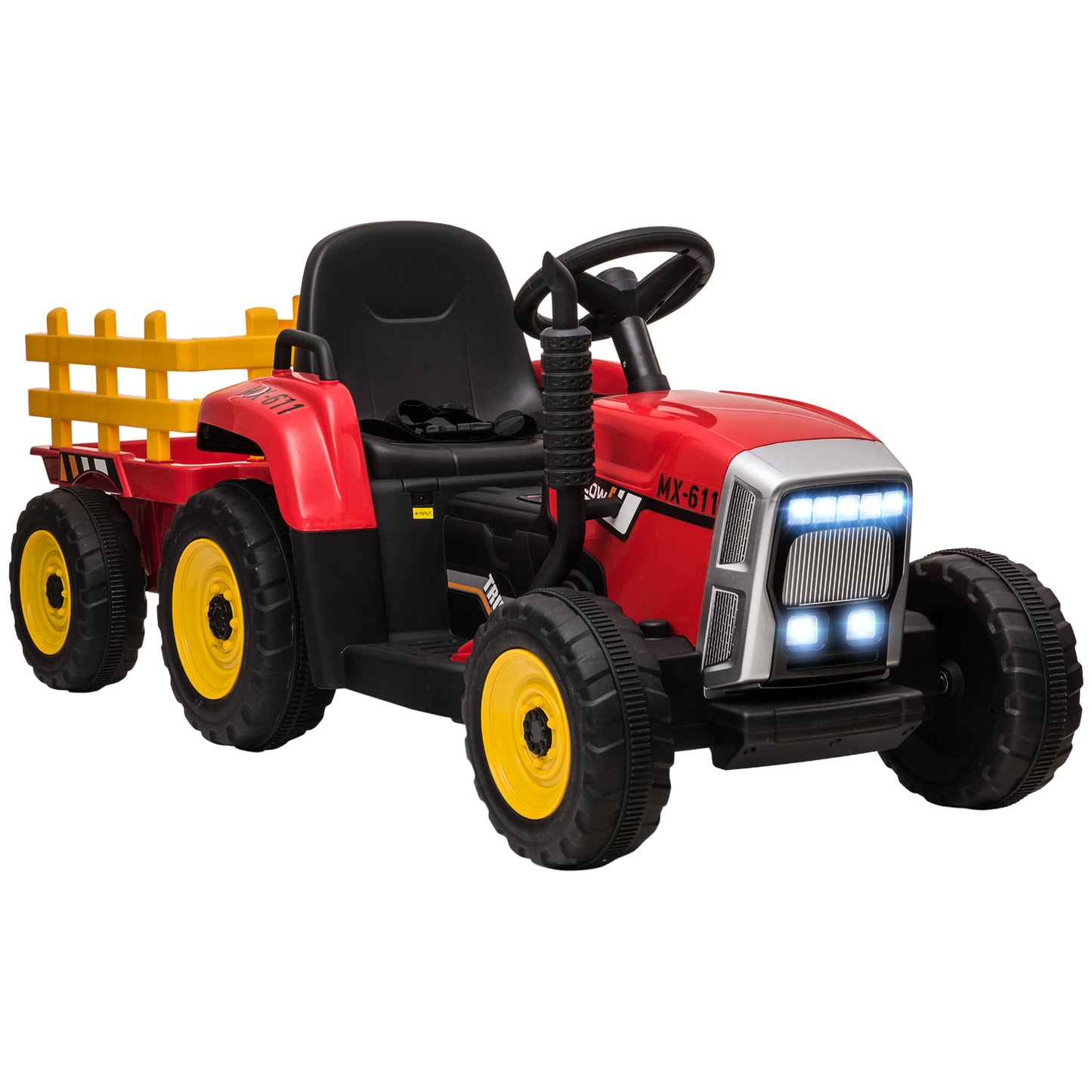 12V Ride on Tractor with Trailer, 25W Dual Motors, Battery Powered Electric Tractor with Remote Control, Music Startup Sound and Horn, LED Lights, Red