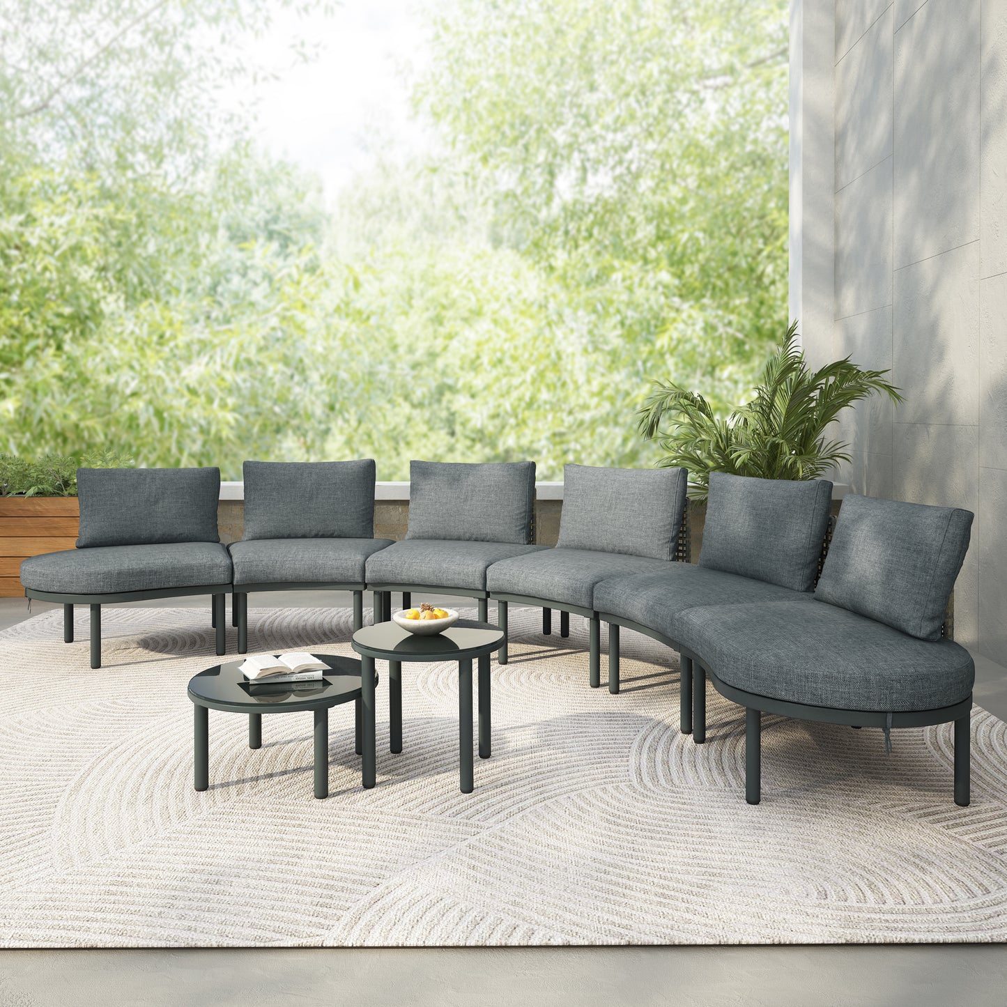 8-Piece Patio Sofa Furniture Set, Half Moon Outdoor Sectional Sofa with 2 High-Low Coffee Tables, PE Wicker Rattan, Tempered Glass, 6 Pillows & Cushions, for Backyard, Garden, Poolside,Gray