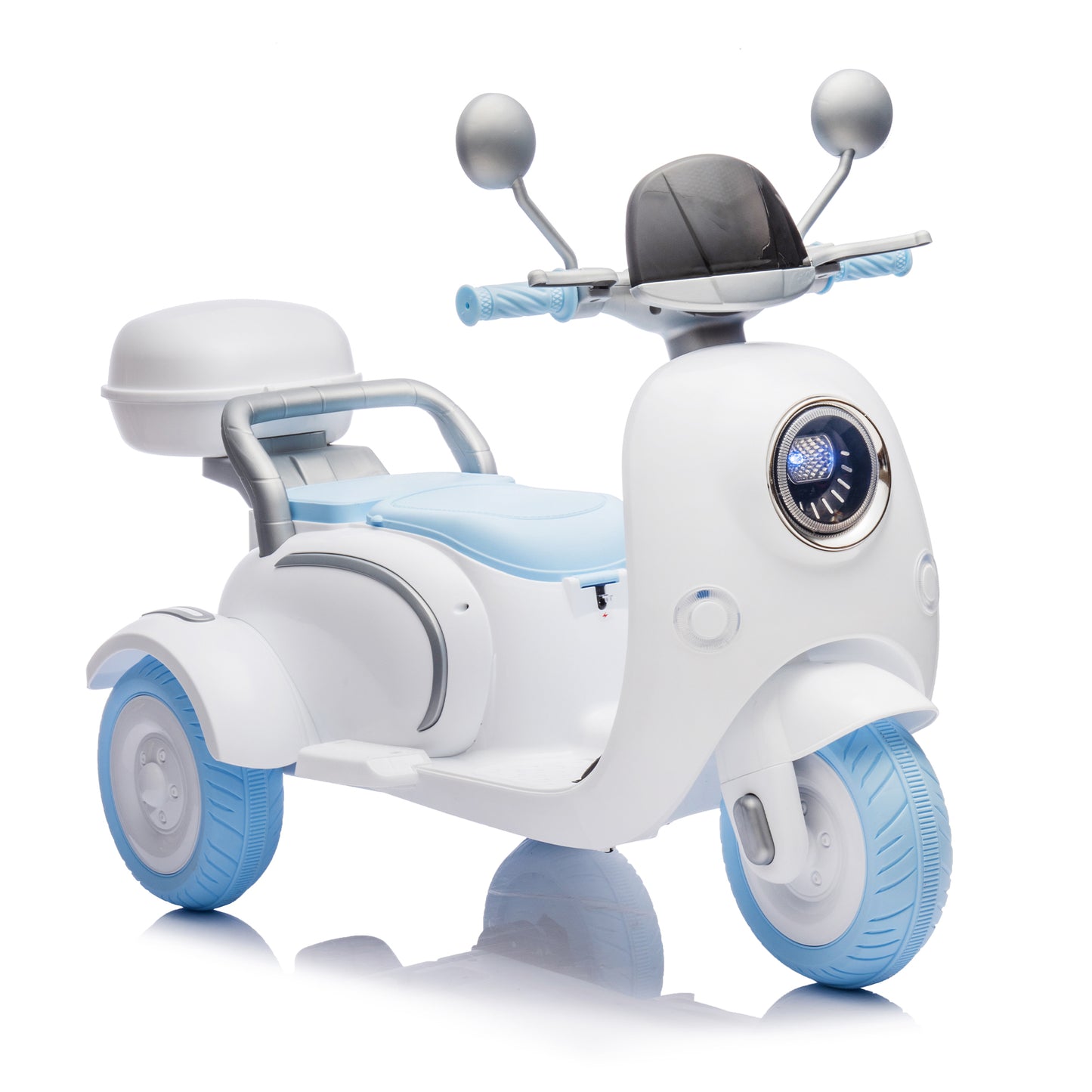 12V Two-seater Kids Ride On Electric Motorcycle,Three Wheels Kids toy with Slow Start,Multi-function player,USB,Bluetooth, light,Backseat flip adult seat, Oversized Storage Box for kids Aged 3-6.