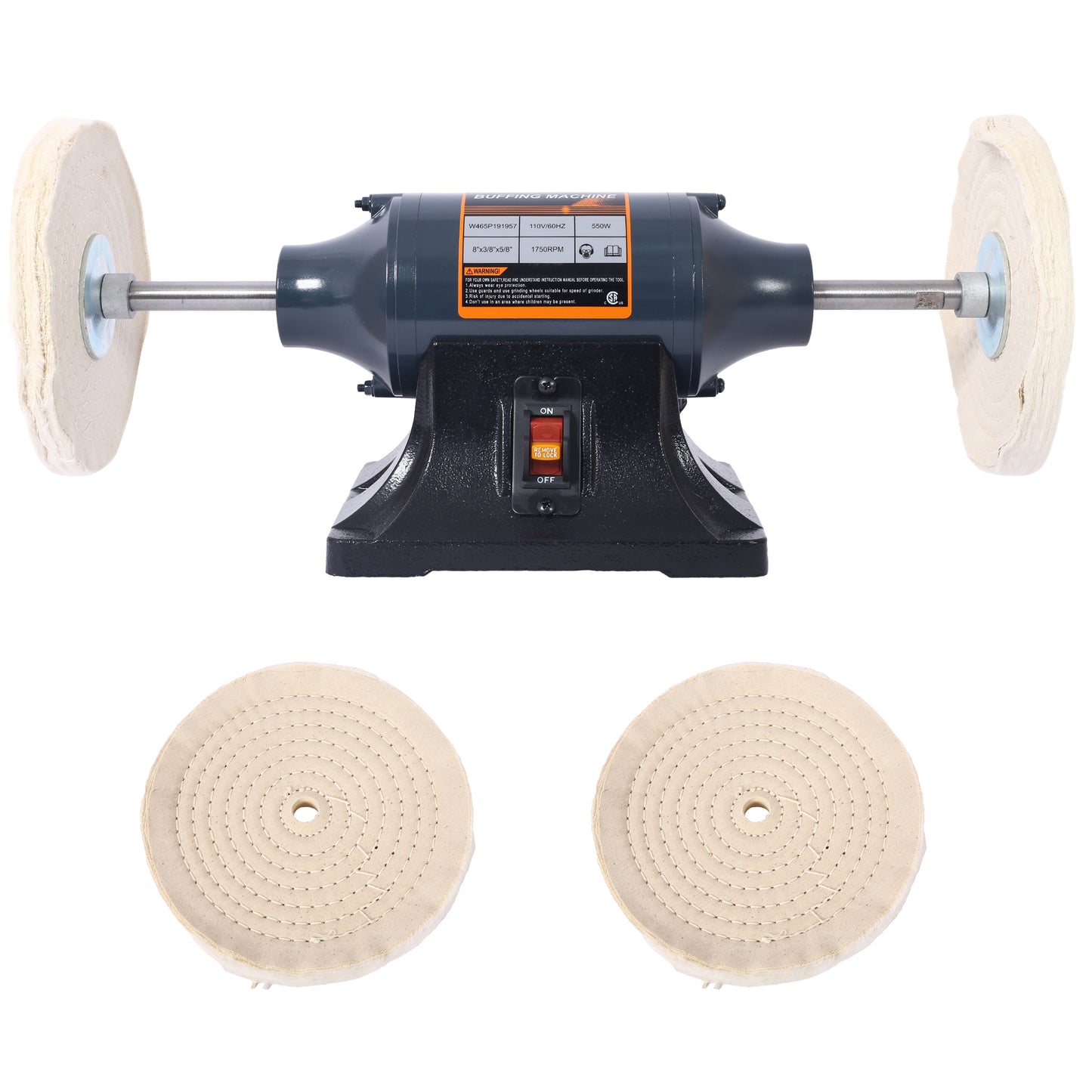 Extra long 8-Inch Electric Polisher Bench Buffer Grinder -4 Pole motor; Includes 4PCs 80Ply Thic Buffing Wheels for Polishing Metal, Jewelry, Knives, Wood, Jade,etc. CSA Certificated