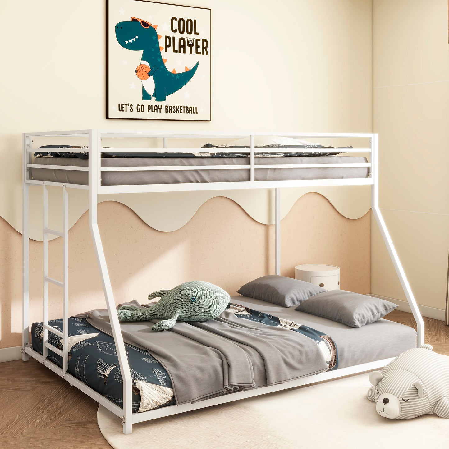 Same as B083P160614 Adam Sturdy Twin over Full Bunk Bed Metal White for Kids and Adult, Low Profile and Easy Climbing with Stable Ladder