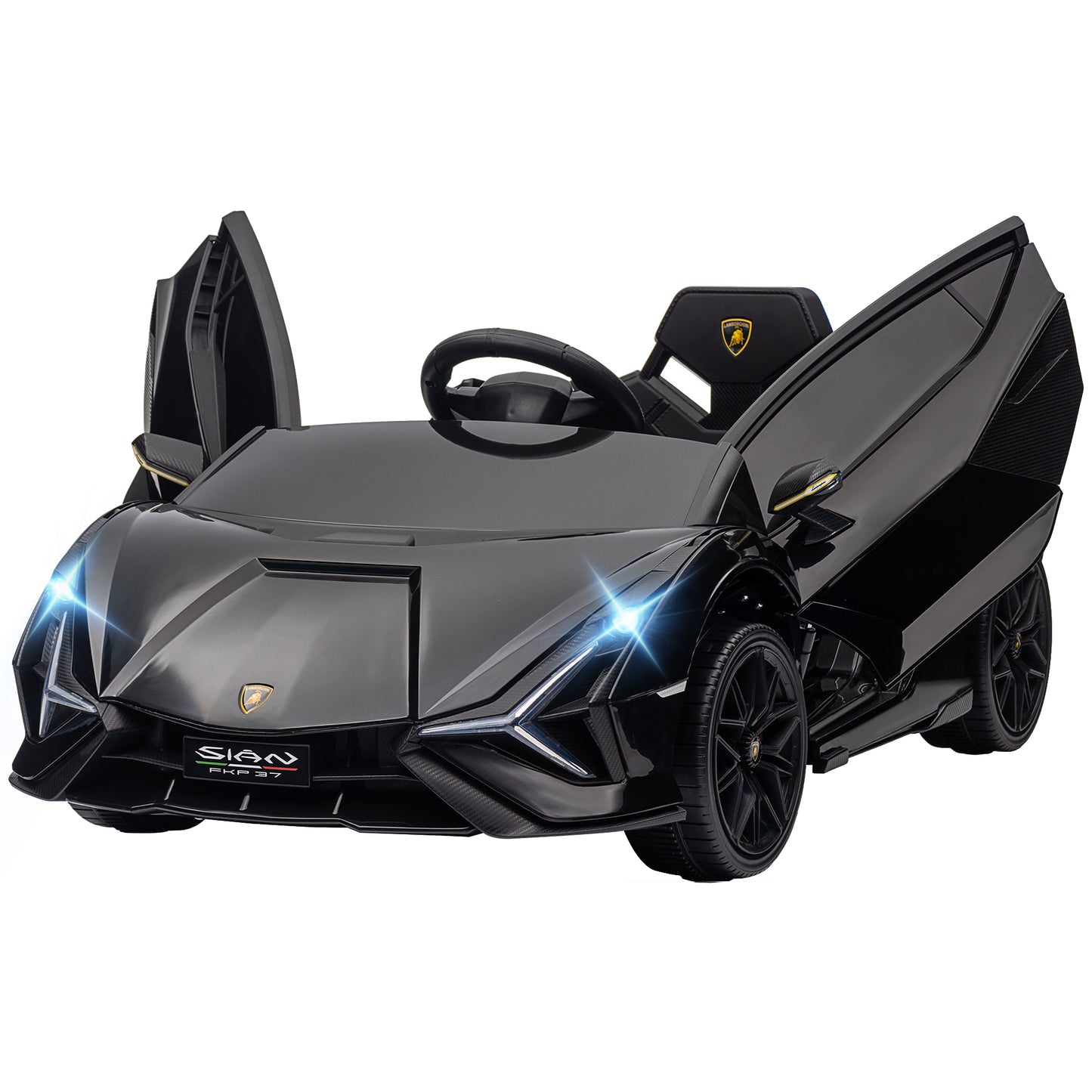 12V Ride on Car, Lamborghini SIAN Licensed Battery Powered Electric Car for Kids with Remote Control, Horn, Music, & Headlights, Black