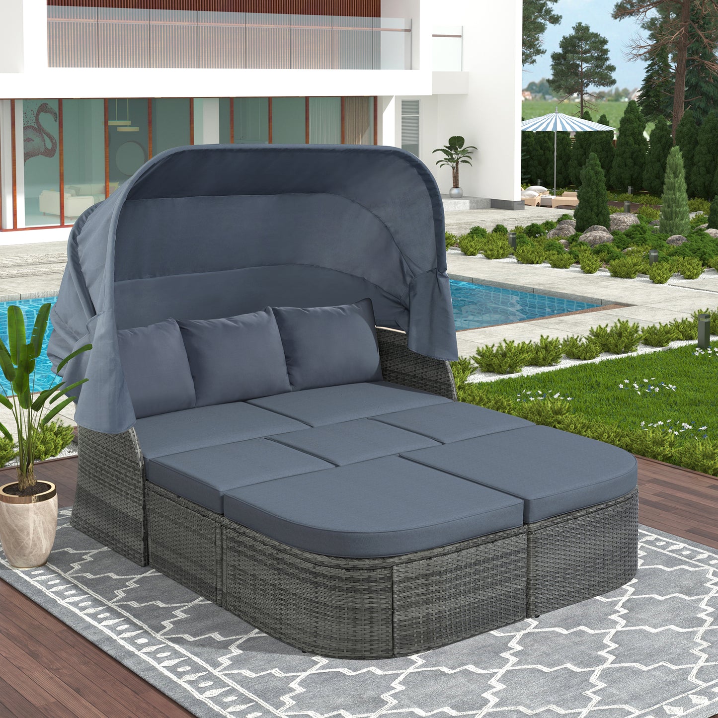 Outdoor Patio Furniture Set Daybed Sunbed with Retractable Canopy Conversation Set Wicker Furniture (As same as WY000281AAE)
