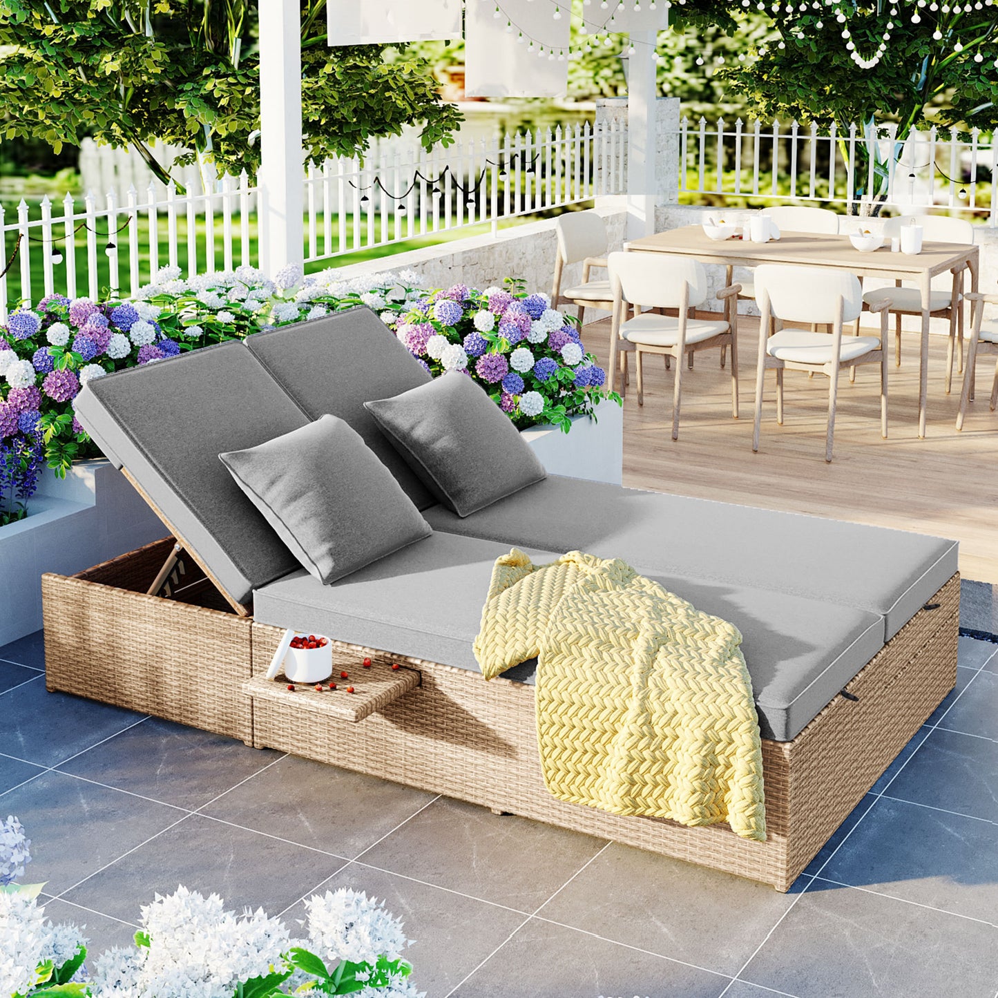 Outdoor Double Sunbed, Wicker Rattan Patio Reclining Chairs with Adjustable Backrest and Seat, Conversational Set for 2 Person, Brown